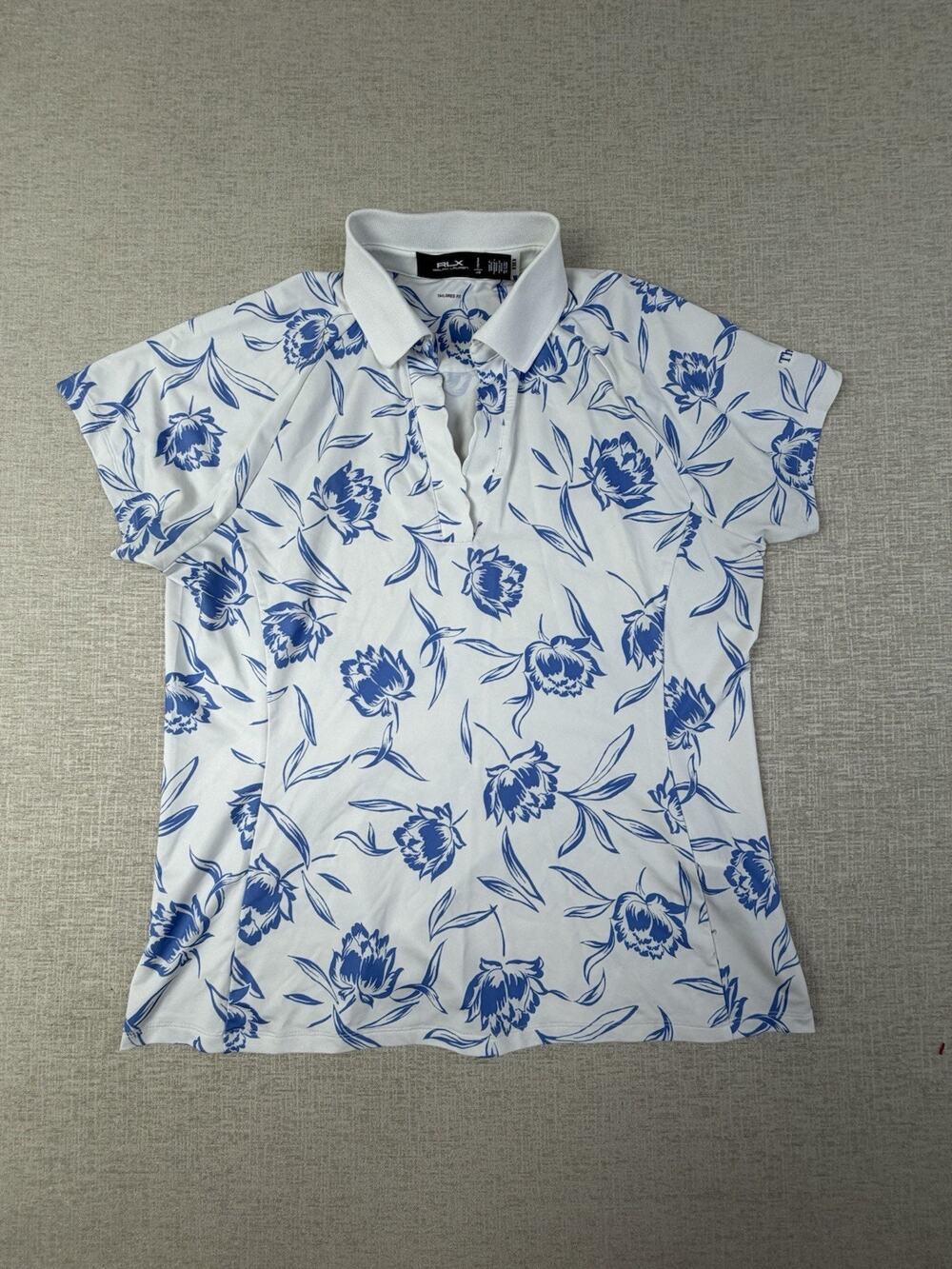 RLX Ralph Lauren Women’s Golf Polo Tailored Fit Floral White/Blue L Moisture